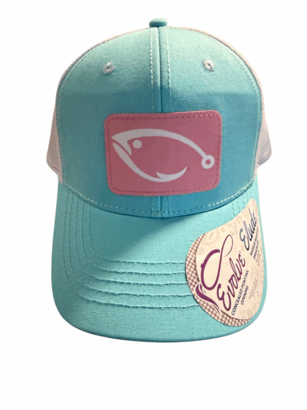fish hook ball cap aqua white pony tell holder