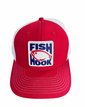 fish hook ball cap red white