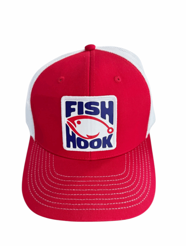 fish hook ball cap red white